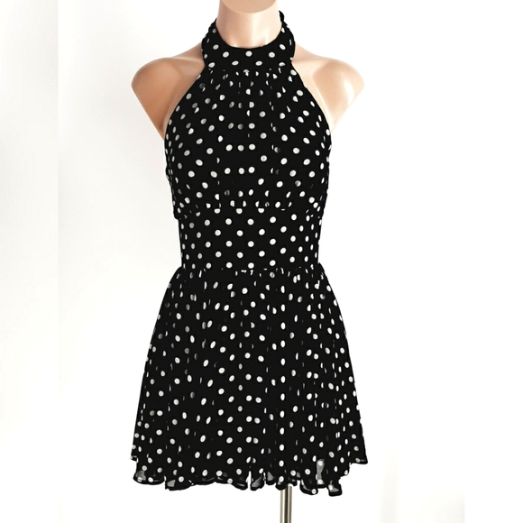 Y2K Black and White Polka Dot Gorgette Halter Dress - Picture 1 of 7